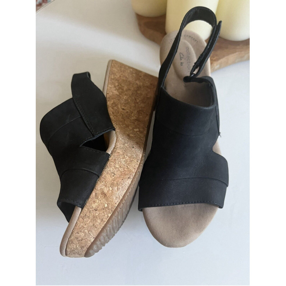 Clarks Women's Lafley Joy Sandal Size 10 Cork Wedge Heel Brown Leather Slingback